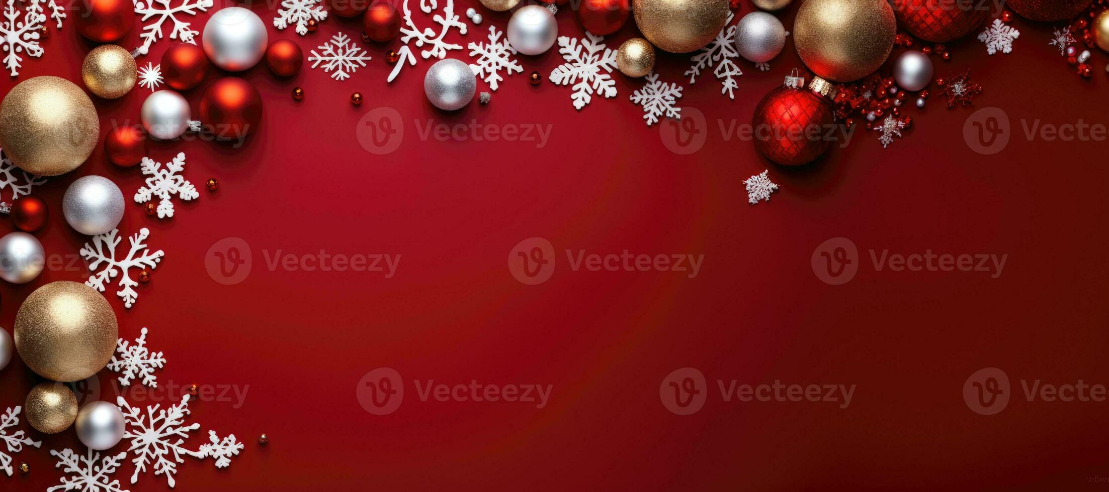 Christmas background with baubles and snowflakes on red background. copy space. AI Generative photo