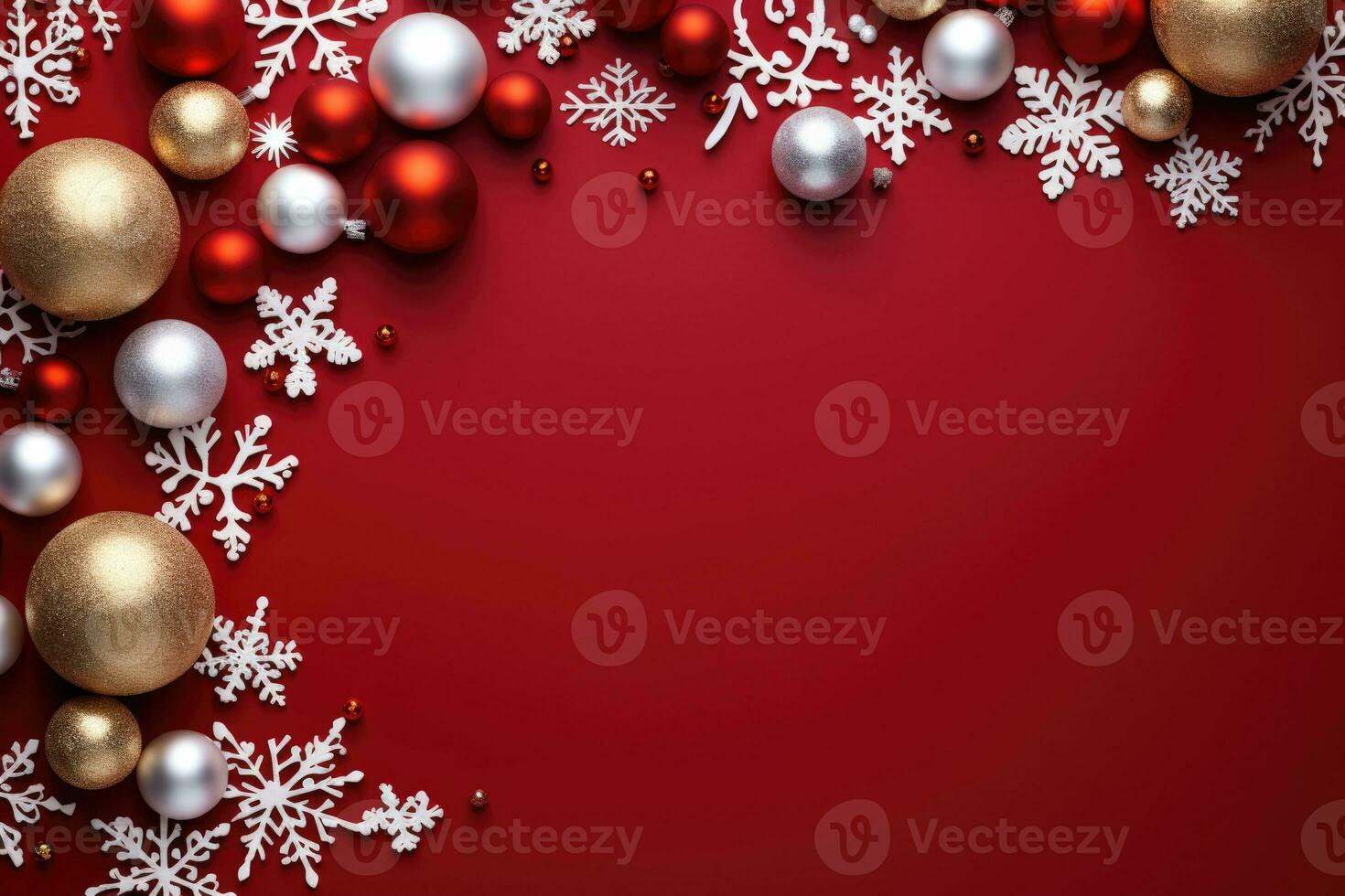 Christmas background with baubles and snowflakes on red background. copy space. AI Generative photo