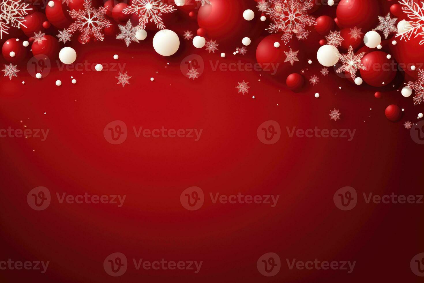 Christmas background with baubles and snowflakes on red background. copy space. AI Generative photo
