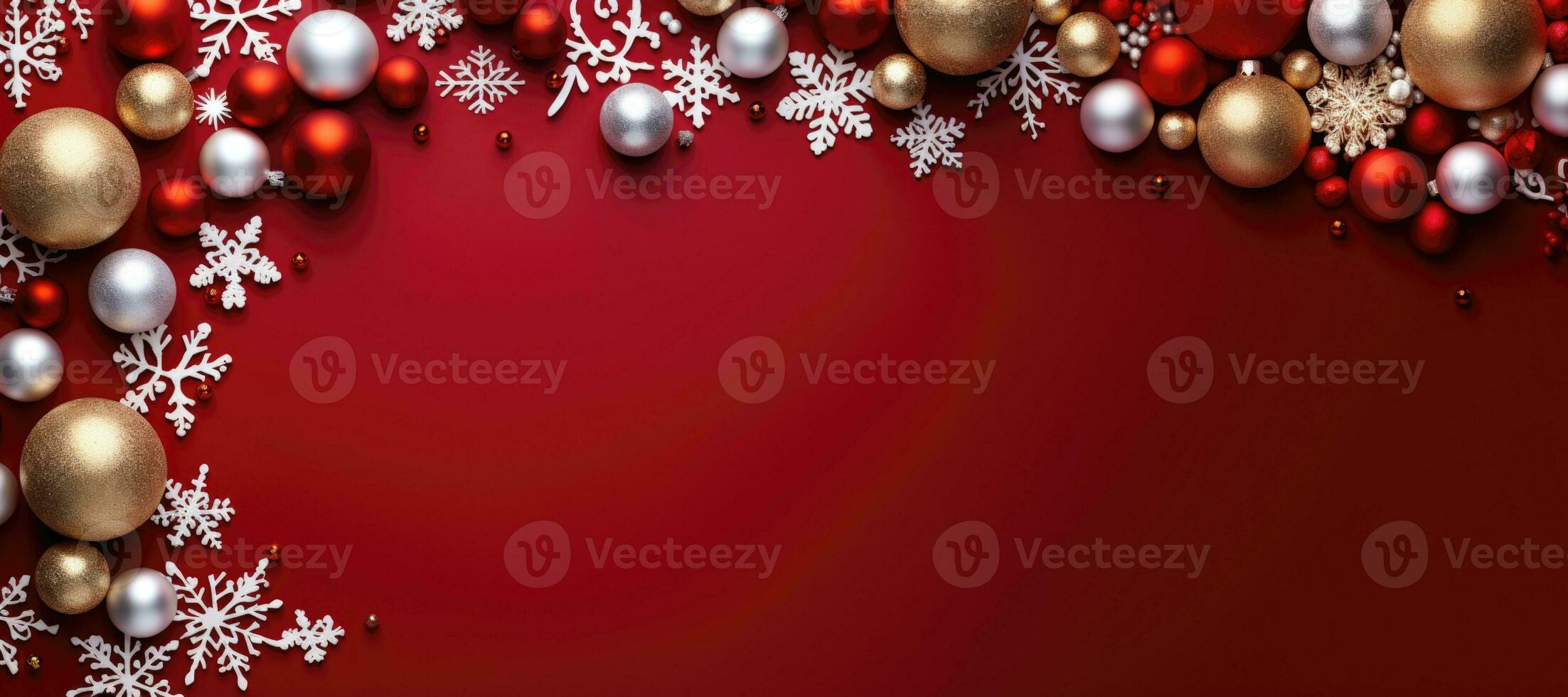 Christmas background with baubles and snowflakes on red background. copy space. AI Generative photo