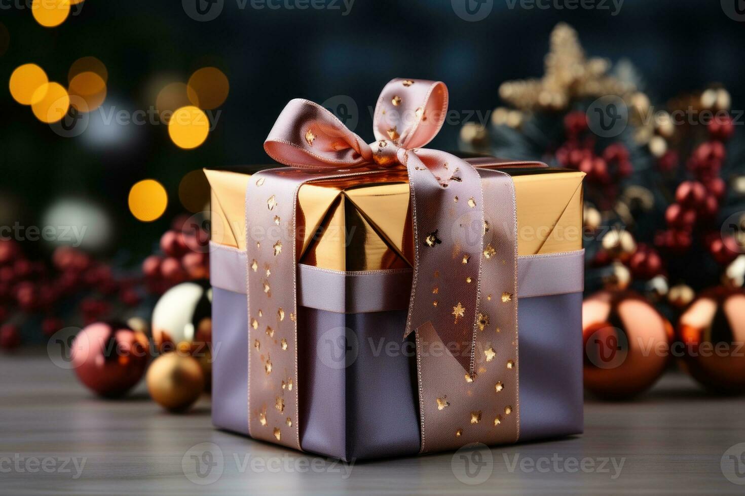 Beautiful gift boxes with Christmas decor on table against blurred lights background. AI Generative photo