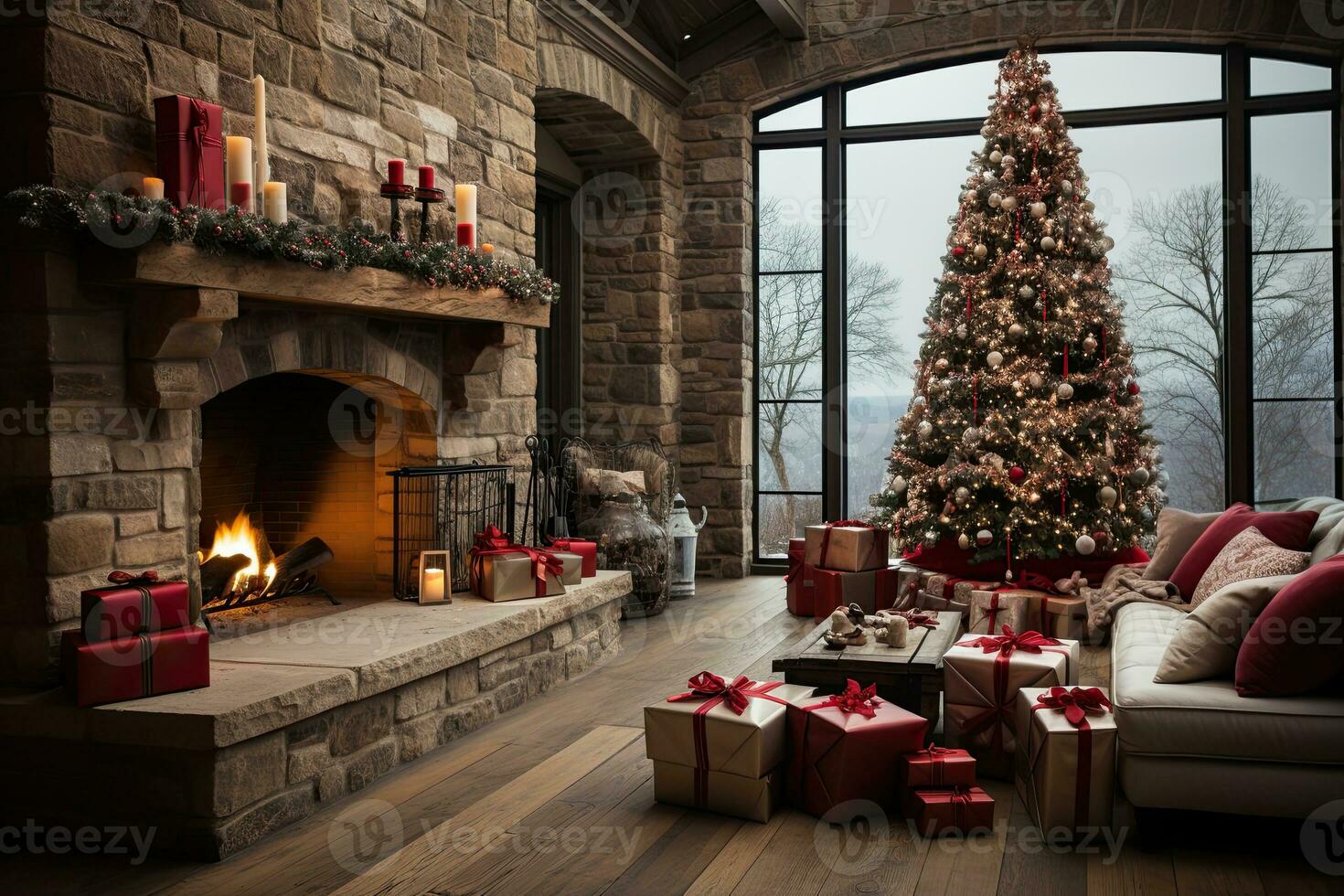 Luxury living room interior with christmas tree and fireplace. 3D rendering. AI Generative photo