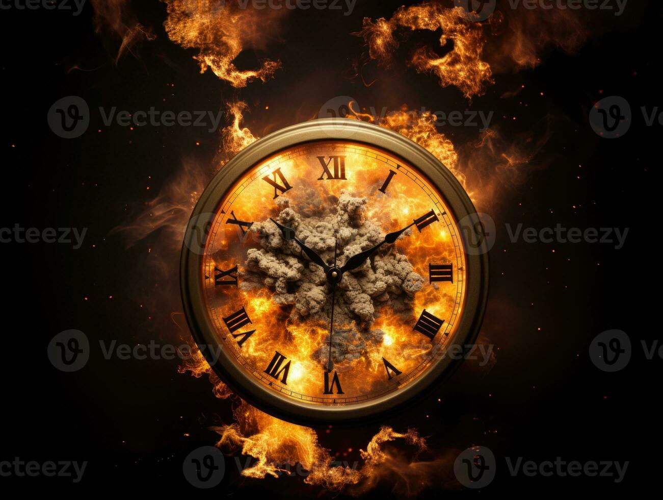 Burning alarm clock on fire background. Time is running out concept. AI Generative photo