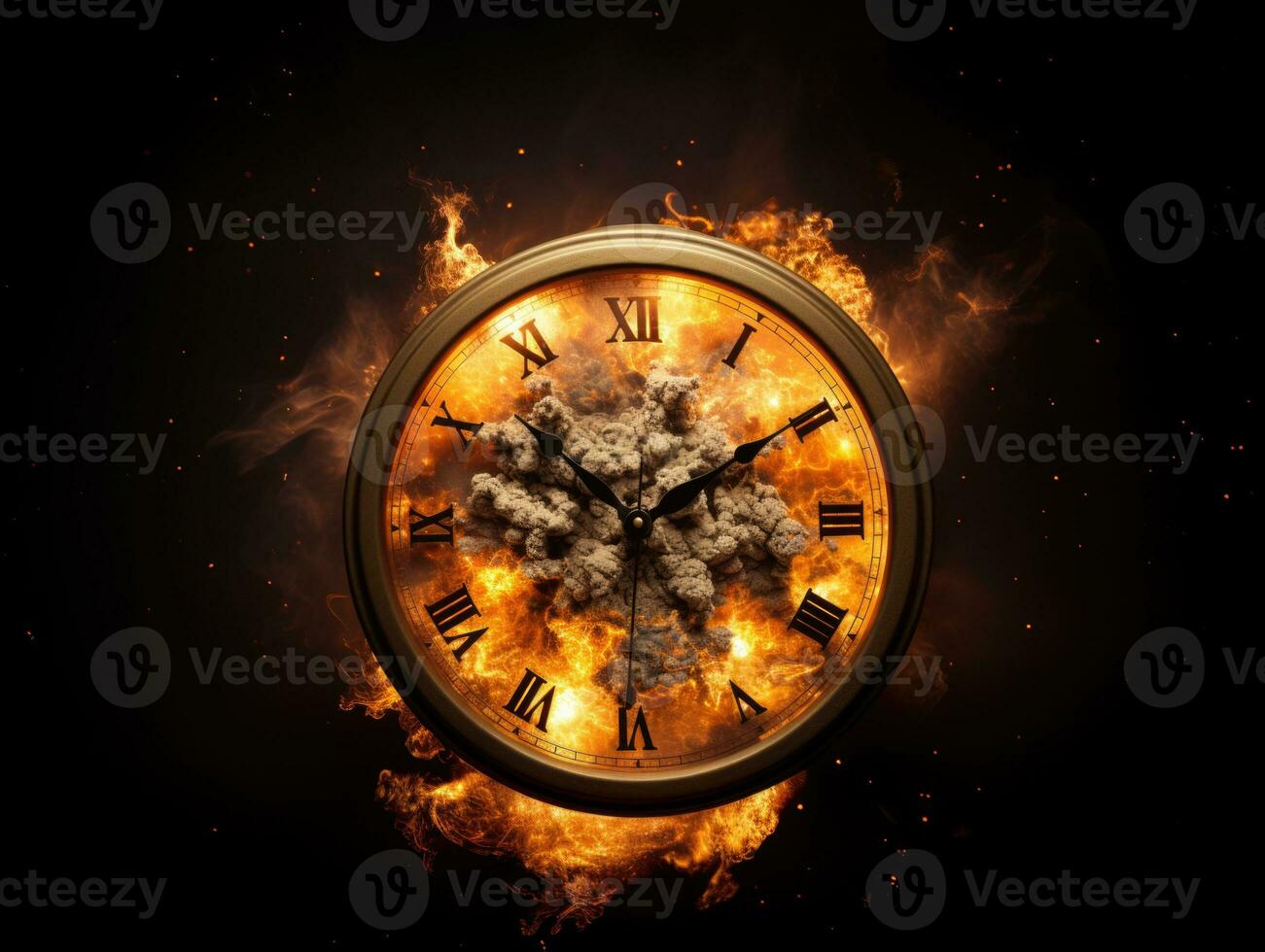 Burning alarm clock on fire background. Time is running out concept. AI Generative photo