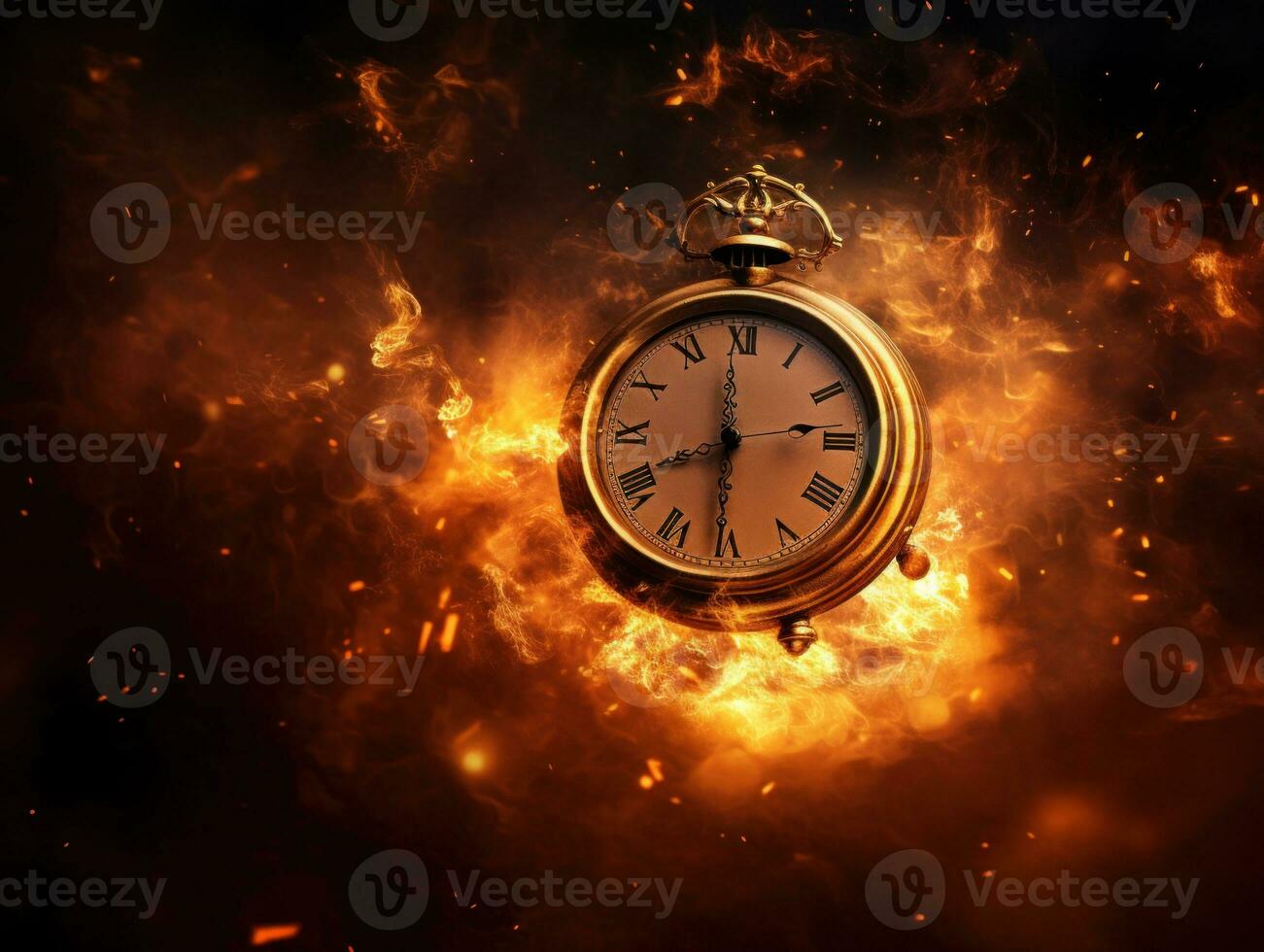 Burning alarm clock on fire background. Time is running out concept. AI Generative photo
