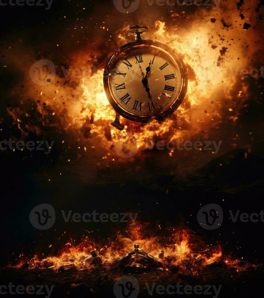 Burning alarm clock on fire background. Time is running out concept. AI Generative photo
