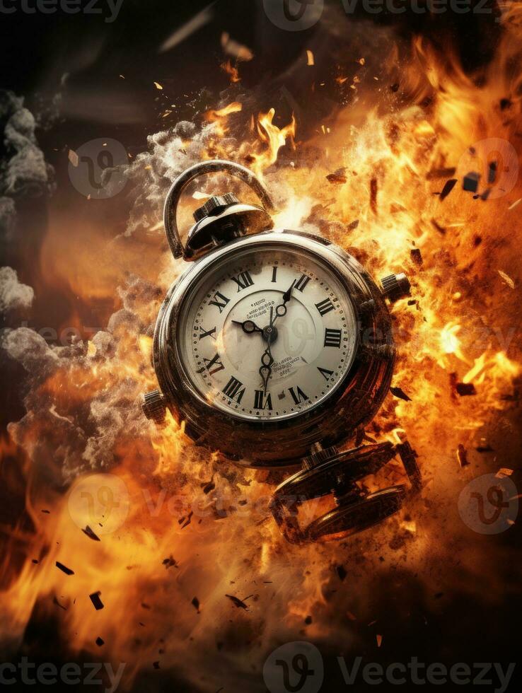 Burning alarm clock on fire background. Time is running out concept. AI Generative photo