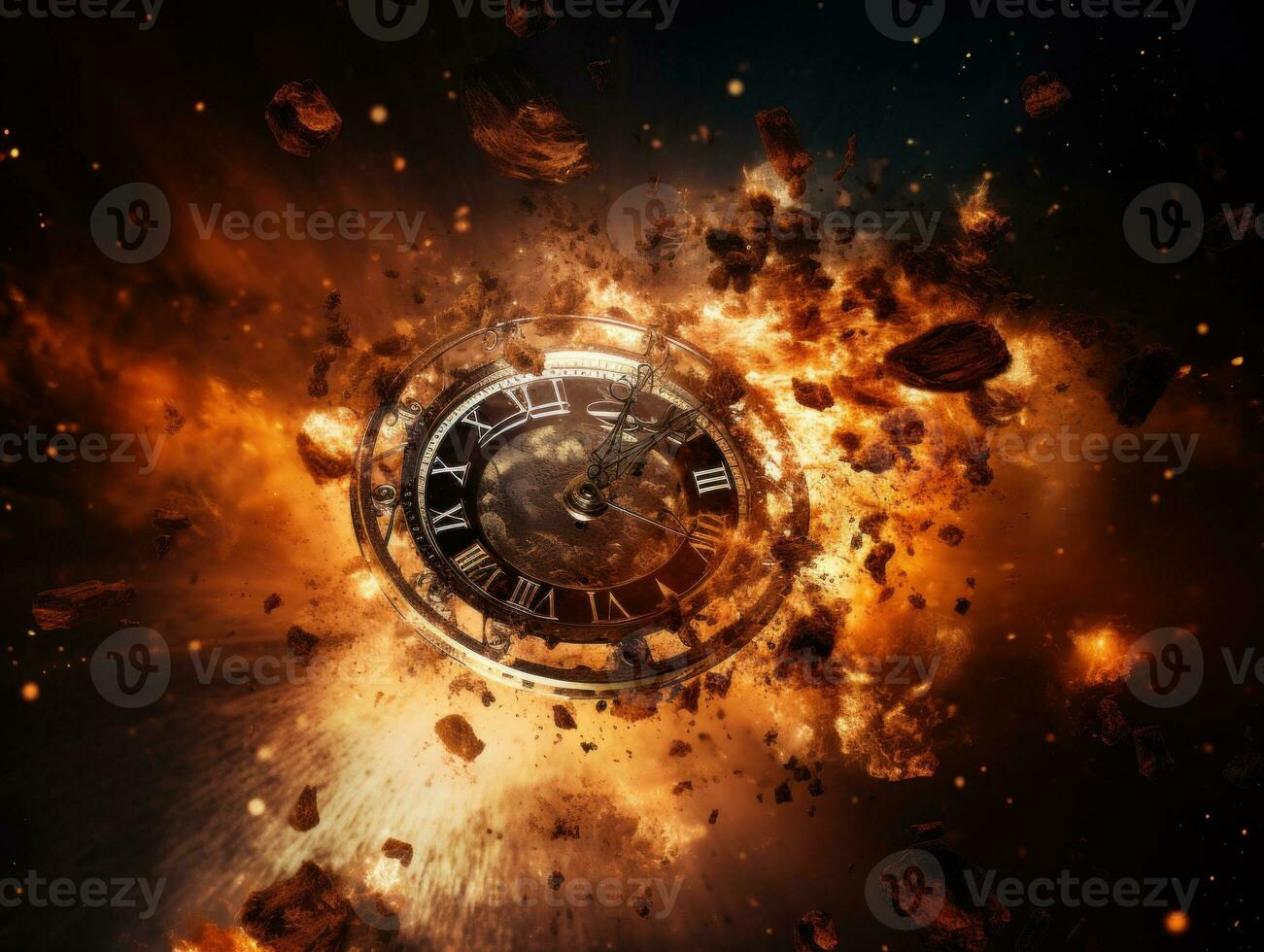 Burning alarm clock on fire background. Time is running out concept. AI Generative photo