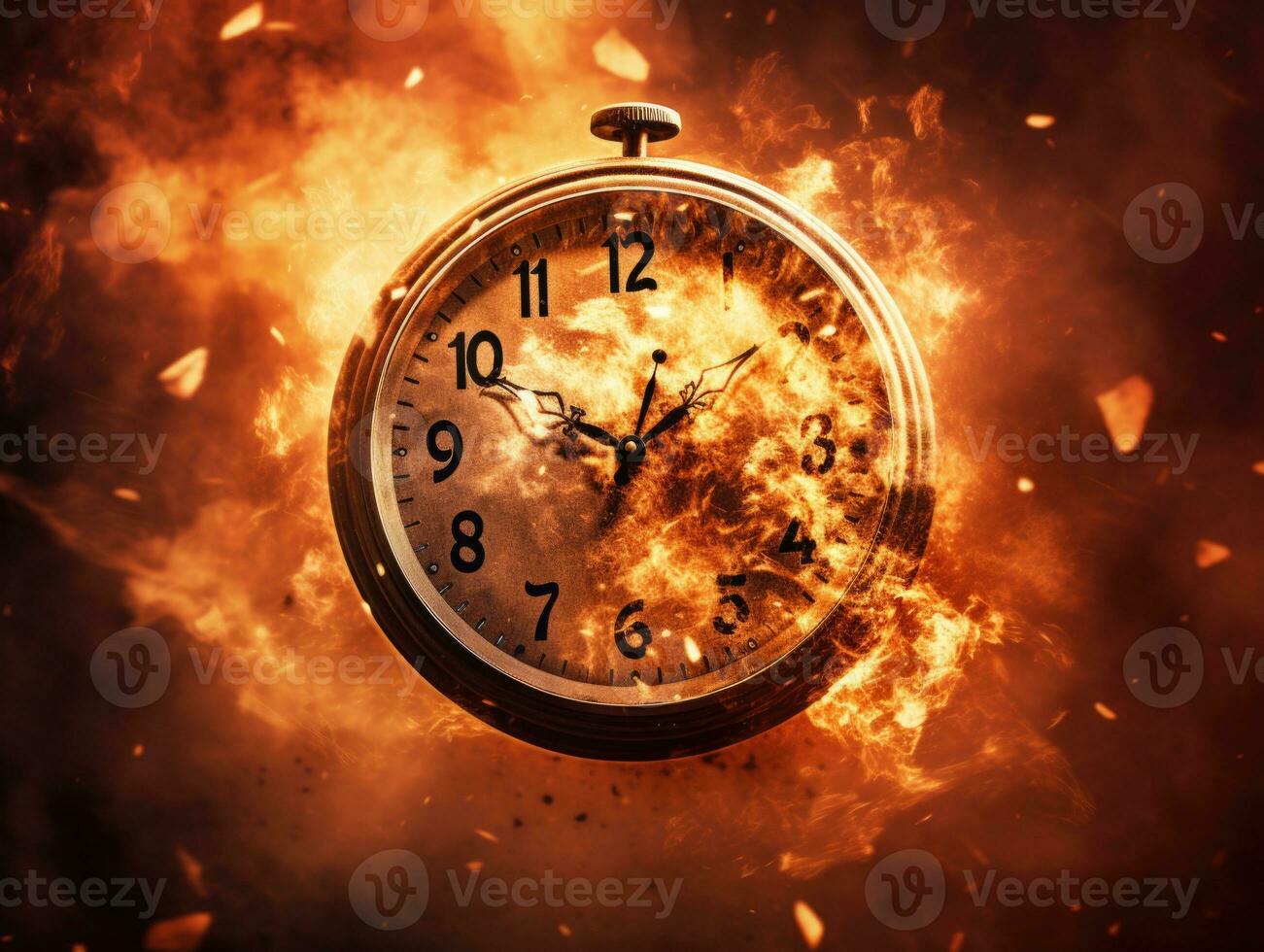 Burning alarm clock on fire background. Time is running out concept. AI Generative photo