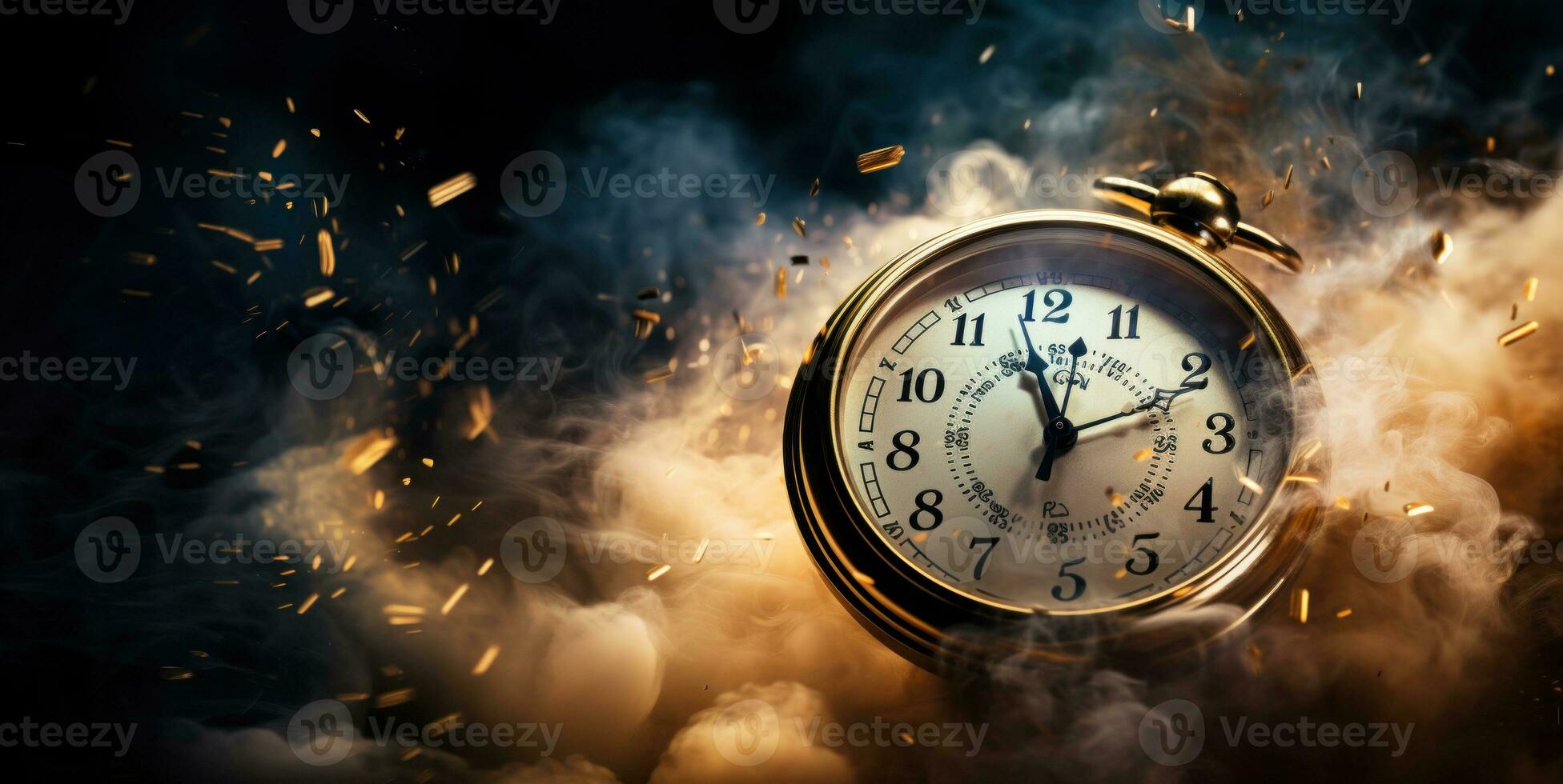 Burning alarm clock on fire background. Time is running out concept. AI Generative photo