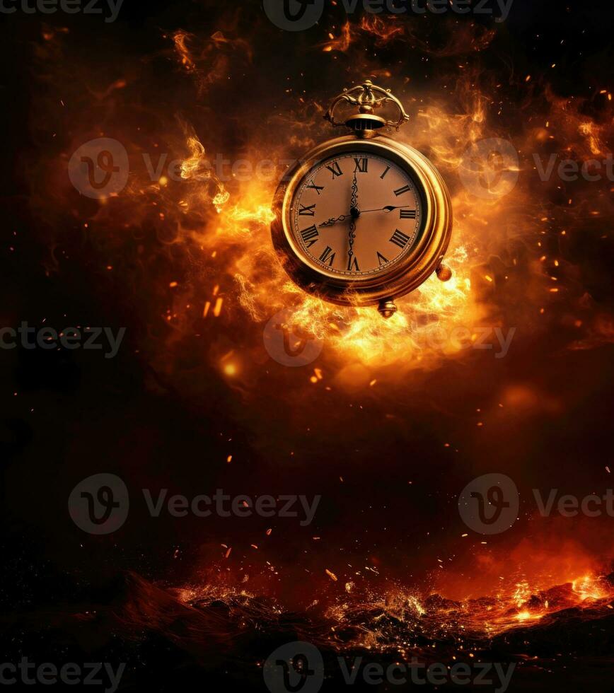 Burning alarm clock on fire background. Time is running out concept. AI Generative photo