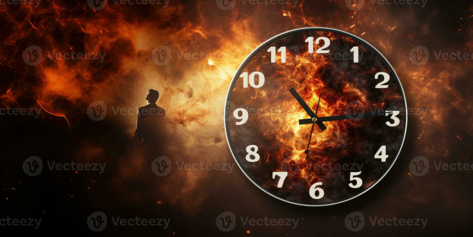 Burning alarm clock on fire background. Time is running out concept. AI Generative photo