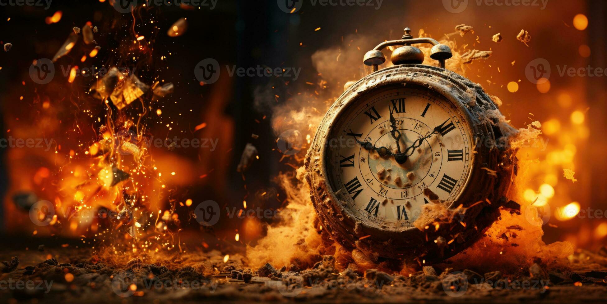 Burning alarm clock on fire background. Time is running out concept. AI Generative photo