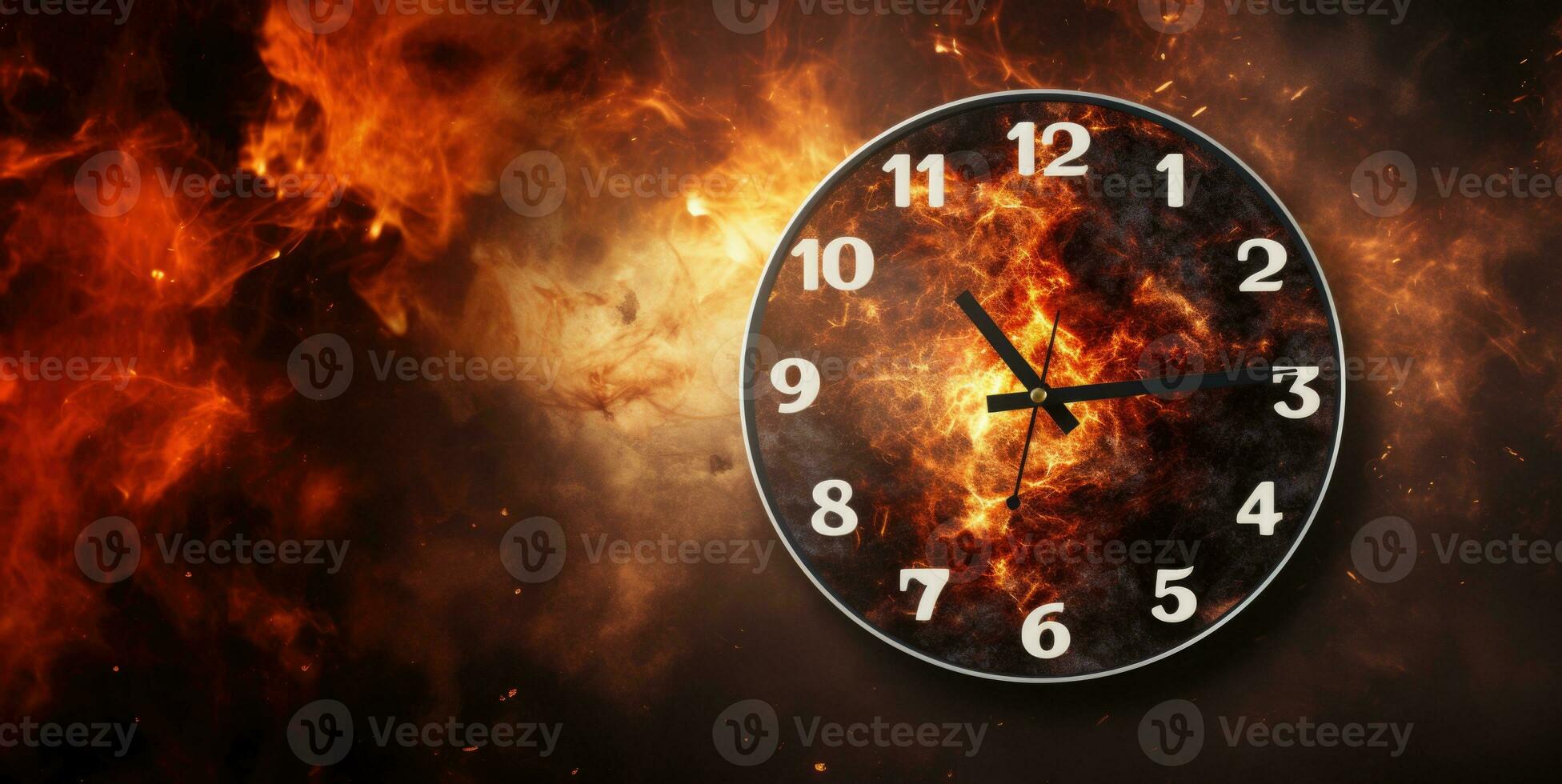 Burning alarm clock on fire background. Time is running out concept. AI Generative photo