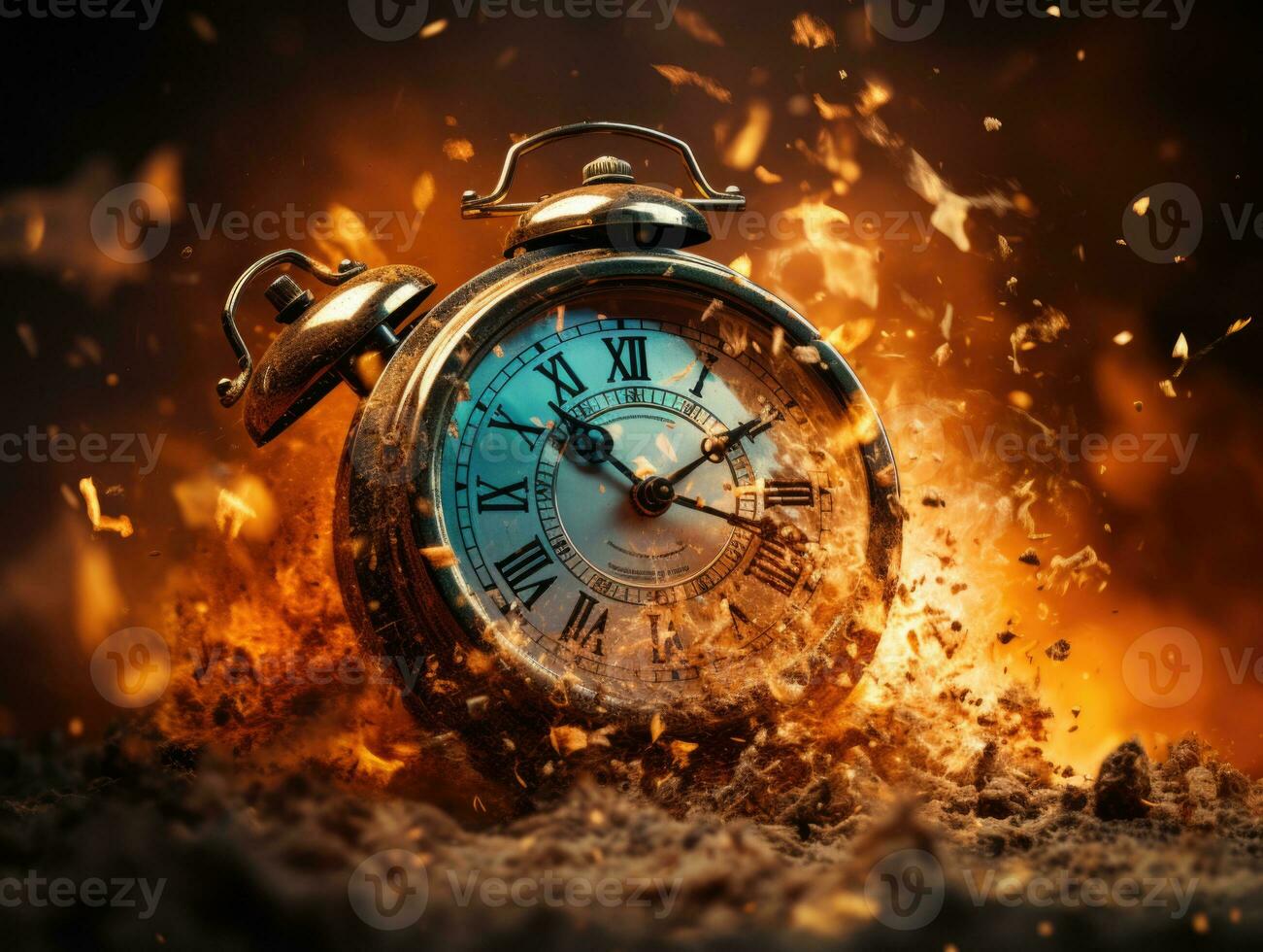 Burning alarm clock on fire background. Time is running out concept. AI Generative photo