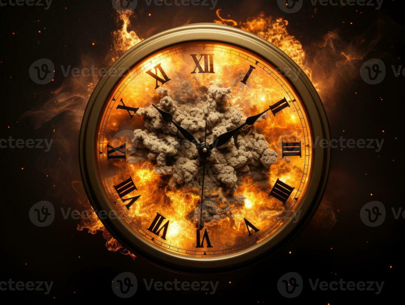 Burning alarm clock on fire background. Time is running out concept. AI Generative photo