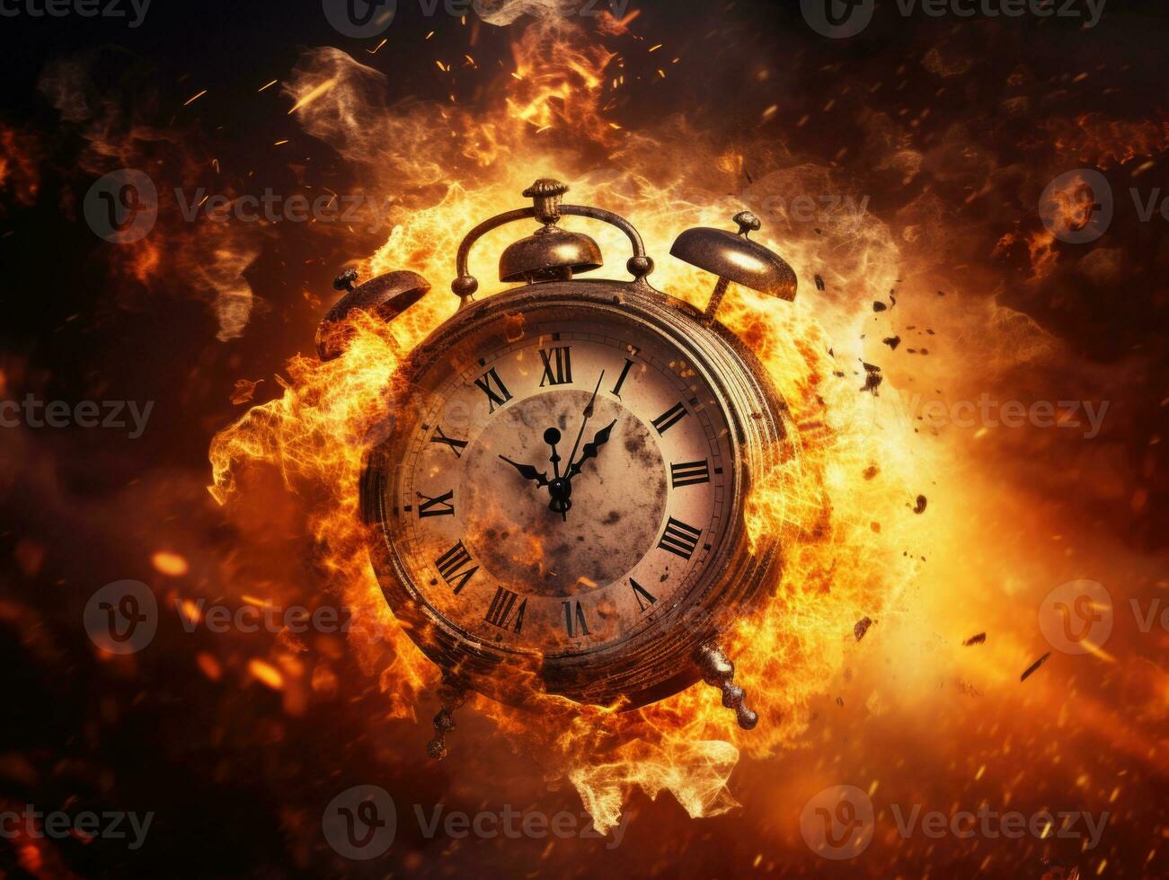 Burning alarm clock on fire background. Time is running out concept. AI Generative photo