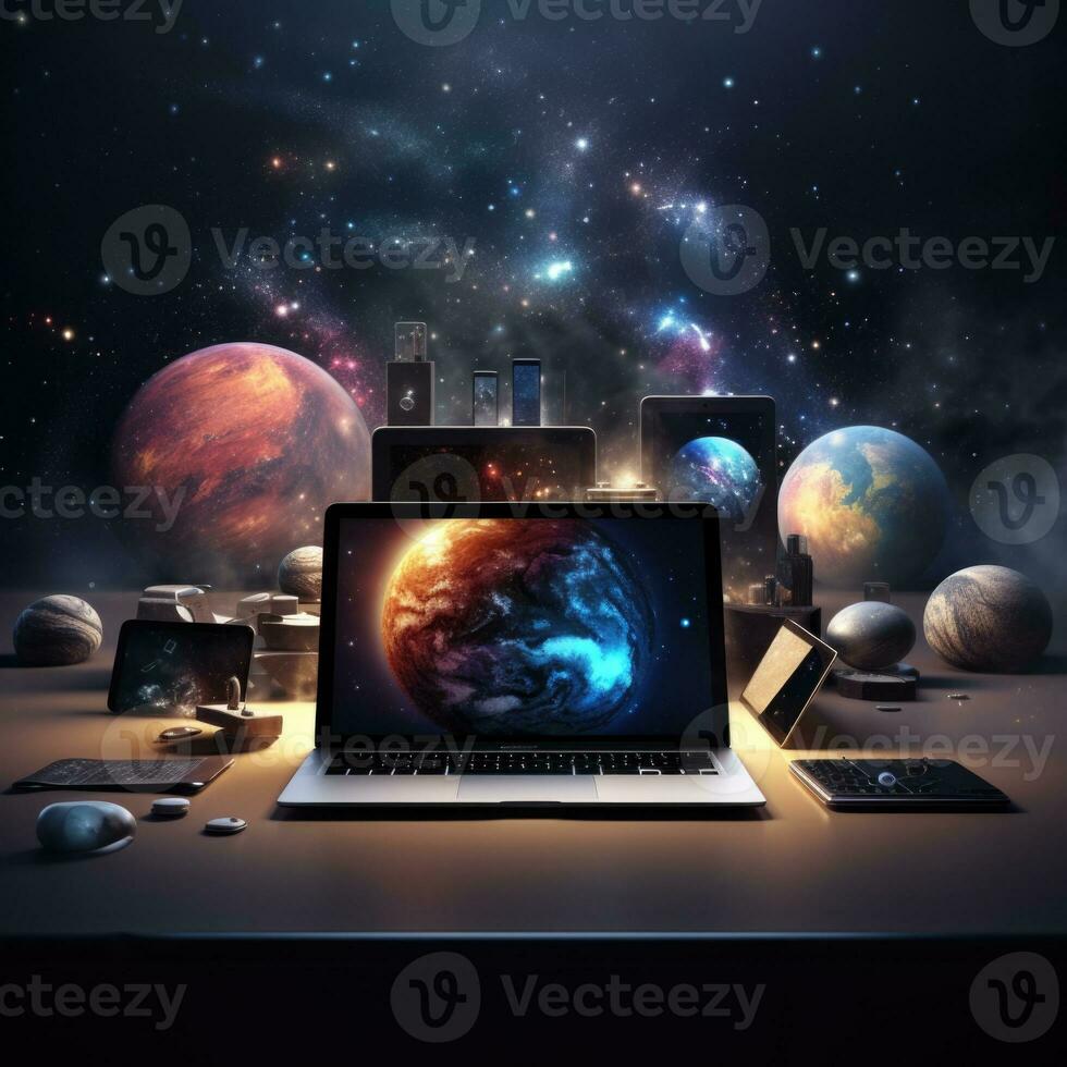 Laptop on the table against the background of the planet and the universe. AI Generative photo
