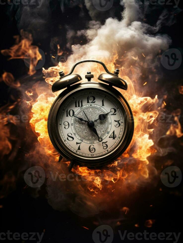 Burning alarm clock on fire background. Time is running out concept. AI Generative photo