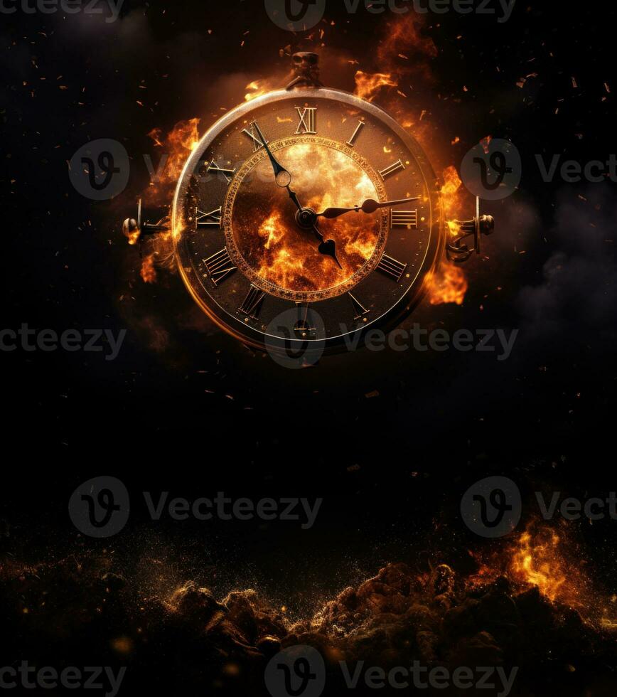 Burning alarm clock on fire background. Time is running out concept. AI Generative photo
