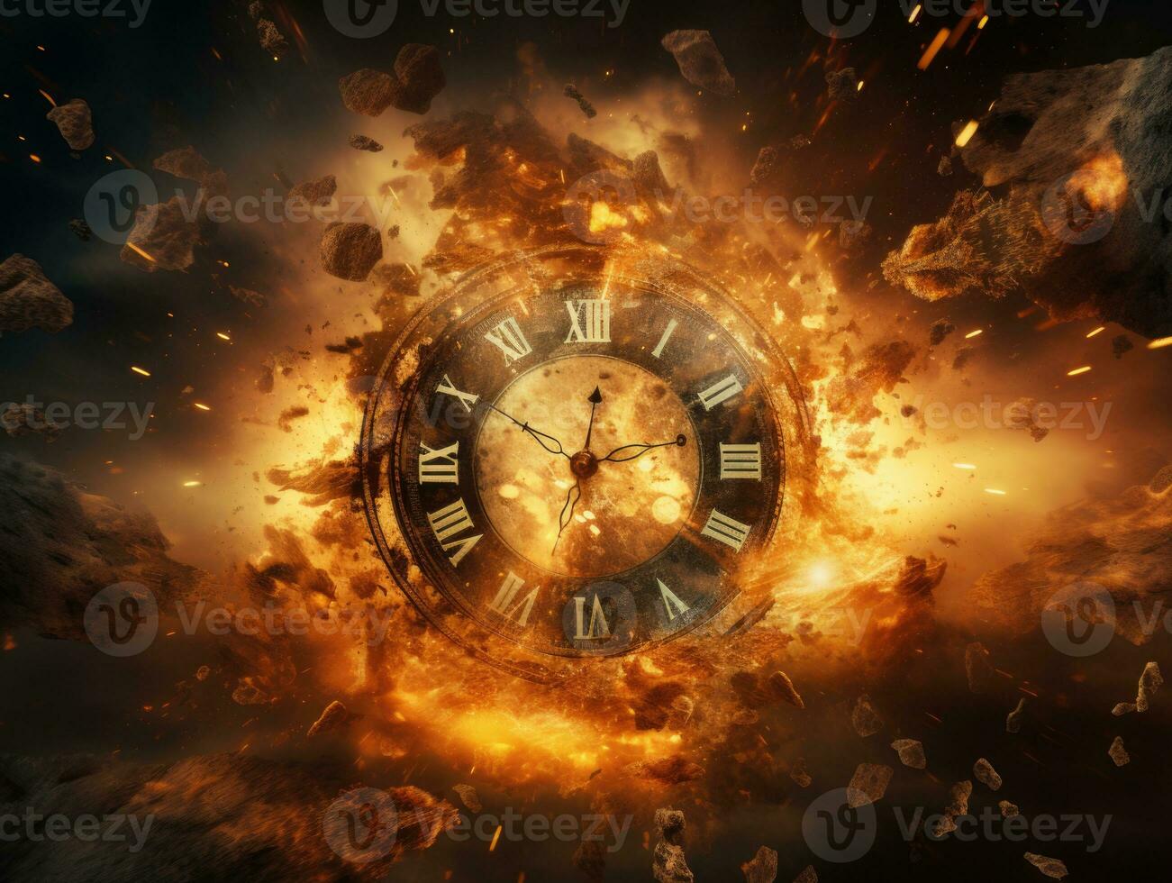 Burning alarm clock on fire background. Time is running out concept. AI Generative photo