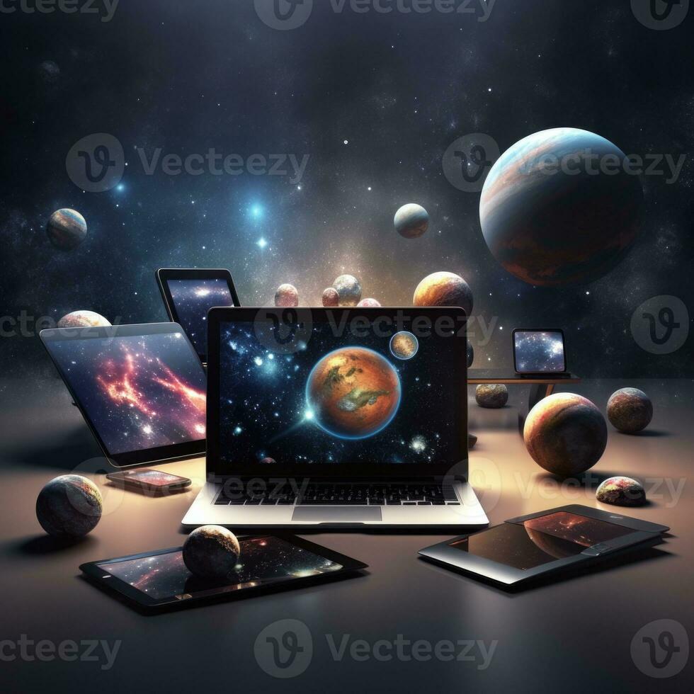 Laptop on the table against the background of the planet and the universe. AI Generative photo
