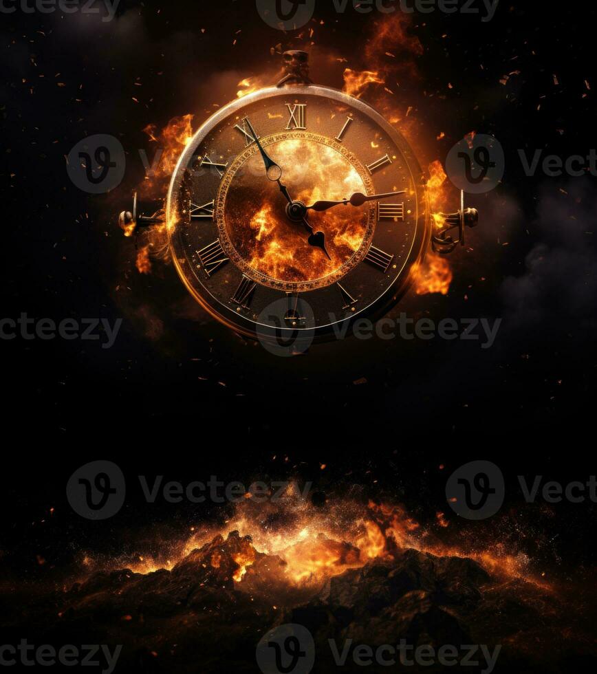 Burning alarm clock on fire background. Time is running out concept. AI Generative photo