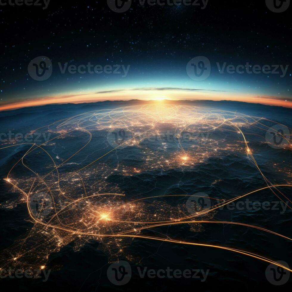 Network of connections over the planet Earth in space. 3D rendering. AI Generative photo