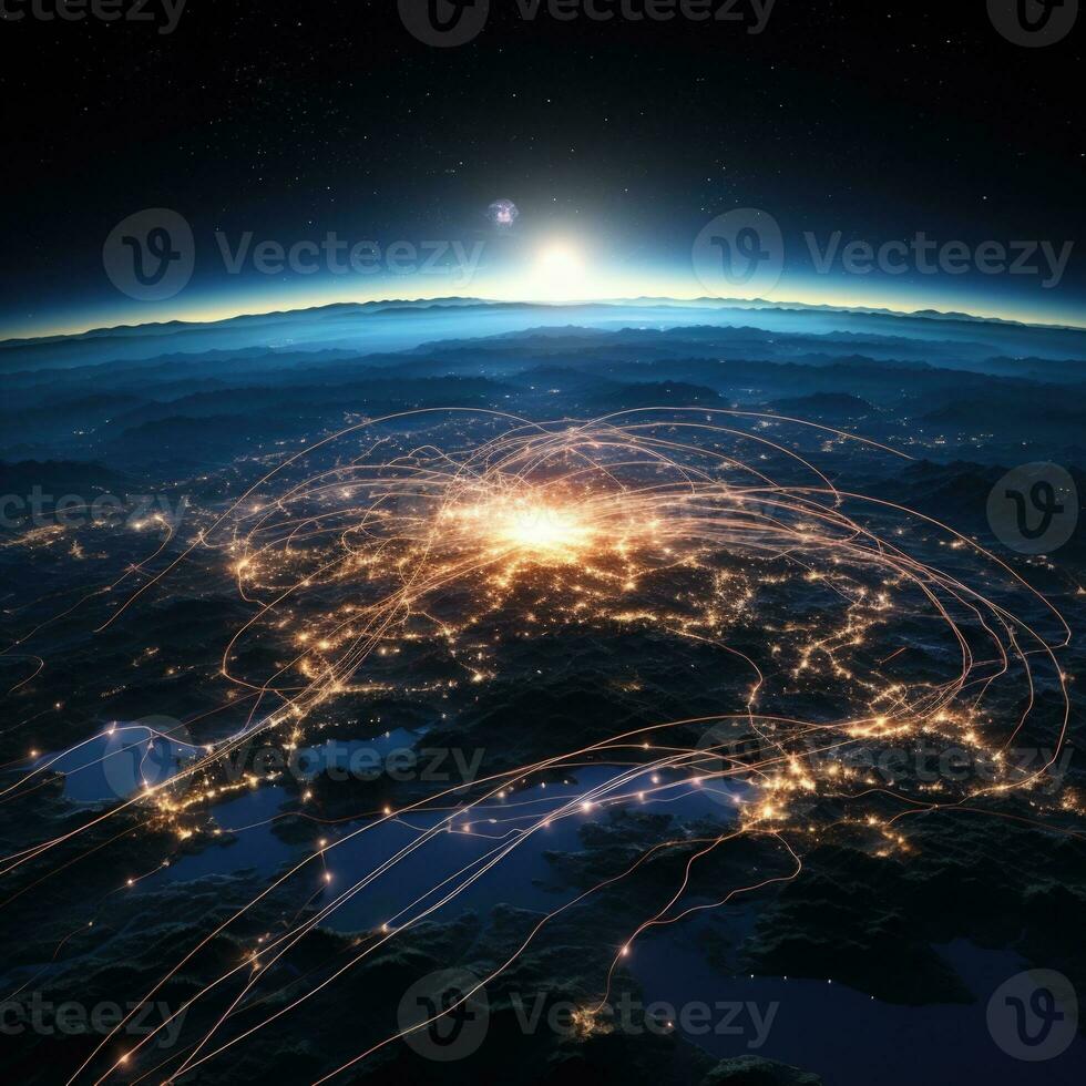 Network of connections over the planet Earth in space. 3D rendering. AI Generative photo