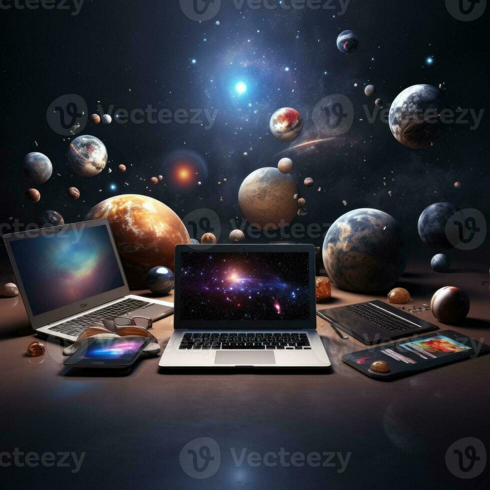 Laptop on the table against the background of the planet and the universe. AI Generative photo