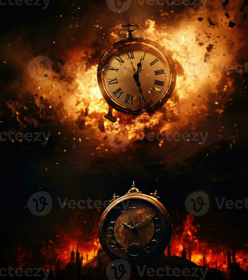 Burning alarm clock on fire background. Time is running out concept. AI Generative photo