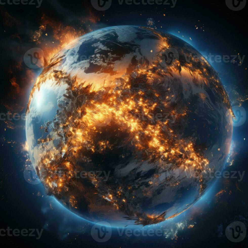 Earth burning in flames. Global warming concept. Elements of this image furnished by NASA. AI Generative photo