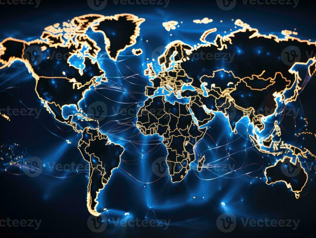 Map of the world with glowing lines on dark background. 3d rendering. AI Generative photo