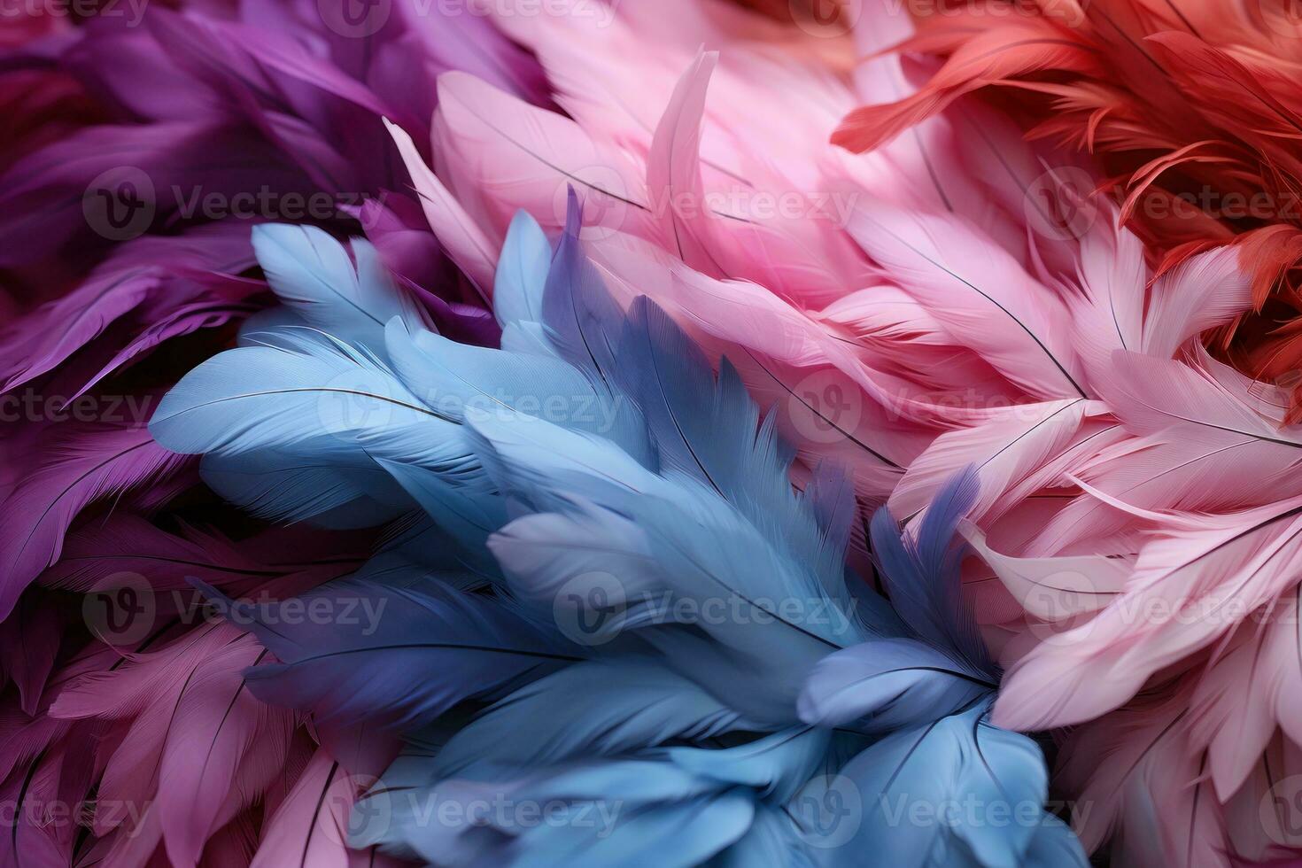 Multicolored feathers background. Close-up of colorful feathers. AI Generative photo