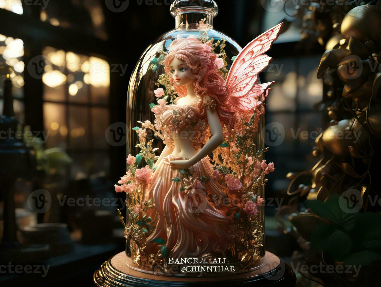 Beautiful fairy in a glass vase. 3d rendering. AI Generative photo