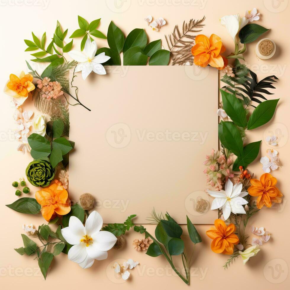Flowers composition. Frame made of flowers, leaves and fruits on orange background. Flat lay, top view, copy space. AI Generative photo