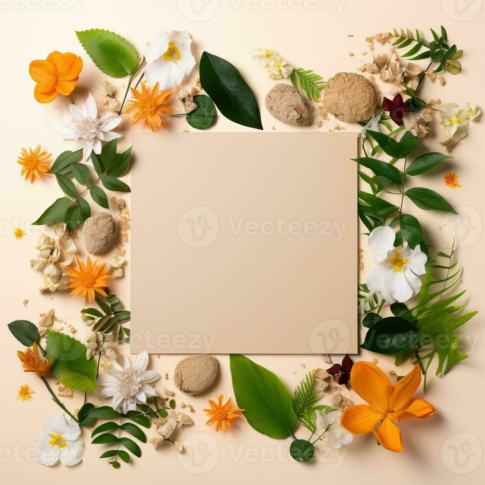 Flowers composition. Frame made of flowers, leaves and fruits on orange background. Flat lay, top view, copy space. AI Generative photo