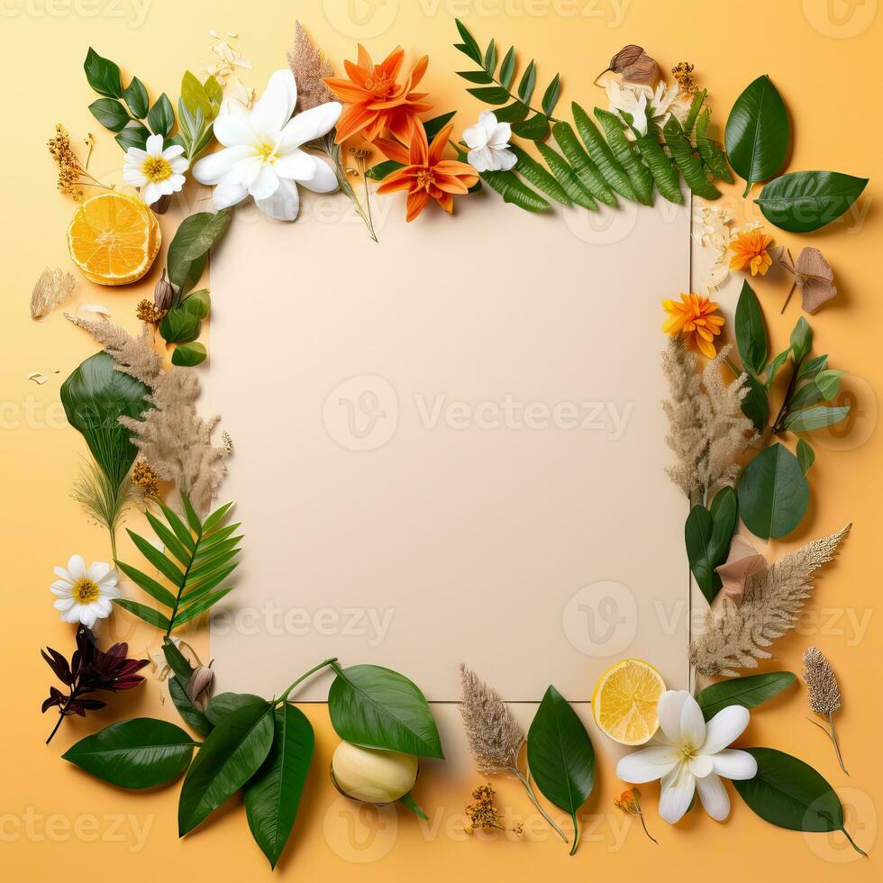 Flowers composition. Frame made of flowers, leaves and fruits on orange background. Flat lay, top view, copy space. AI Generative photo