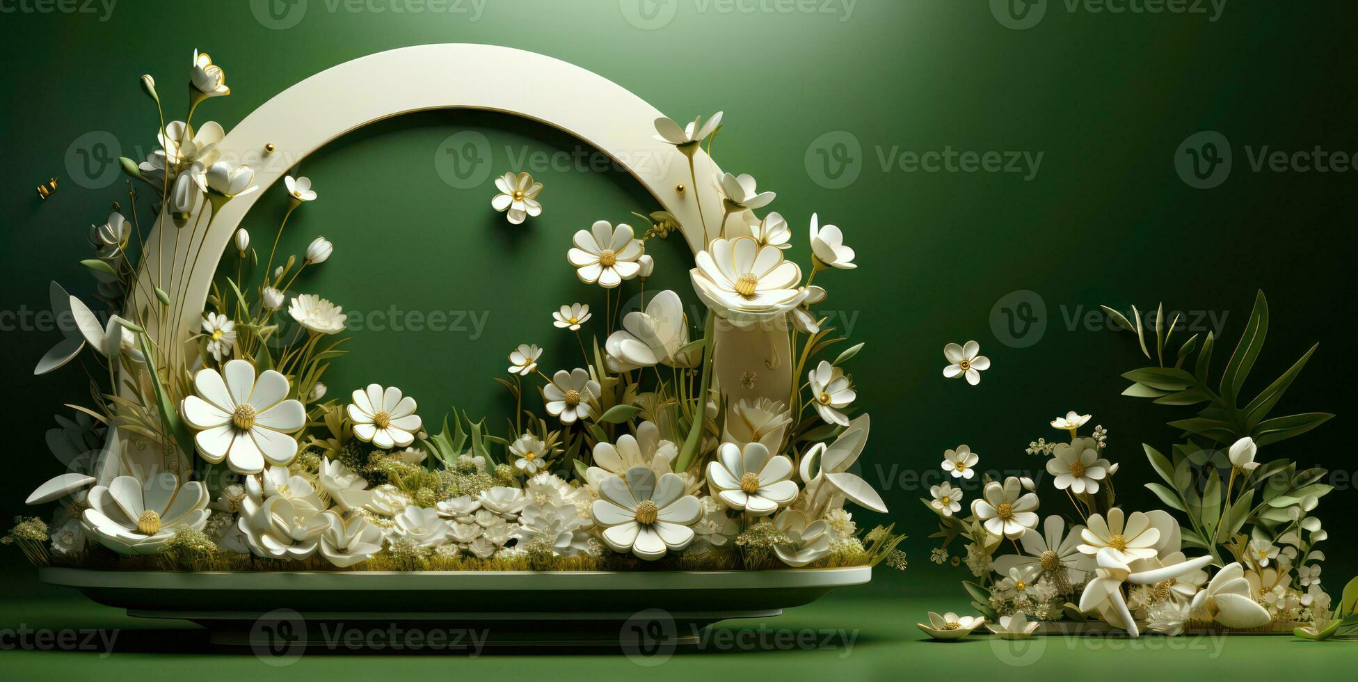 3D Render Floral Wreath, 3D Illustration. Floral wreath with flowers and leaves.Beautiful background with copy space. AI Generative photo