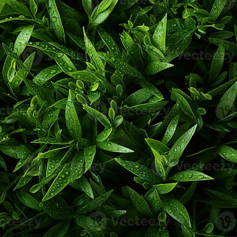 Green leaves with water drops. Natural background. Close-up. AI Generative photo