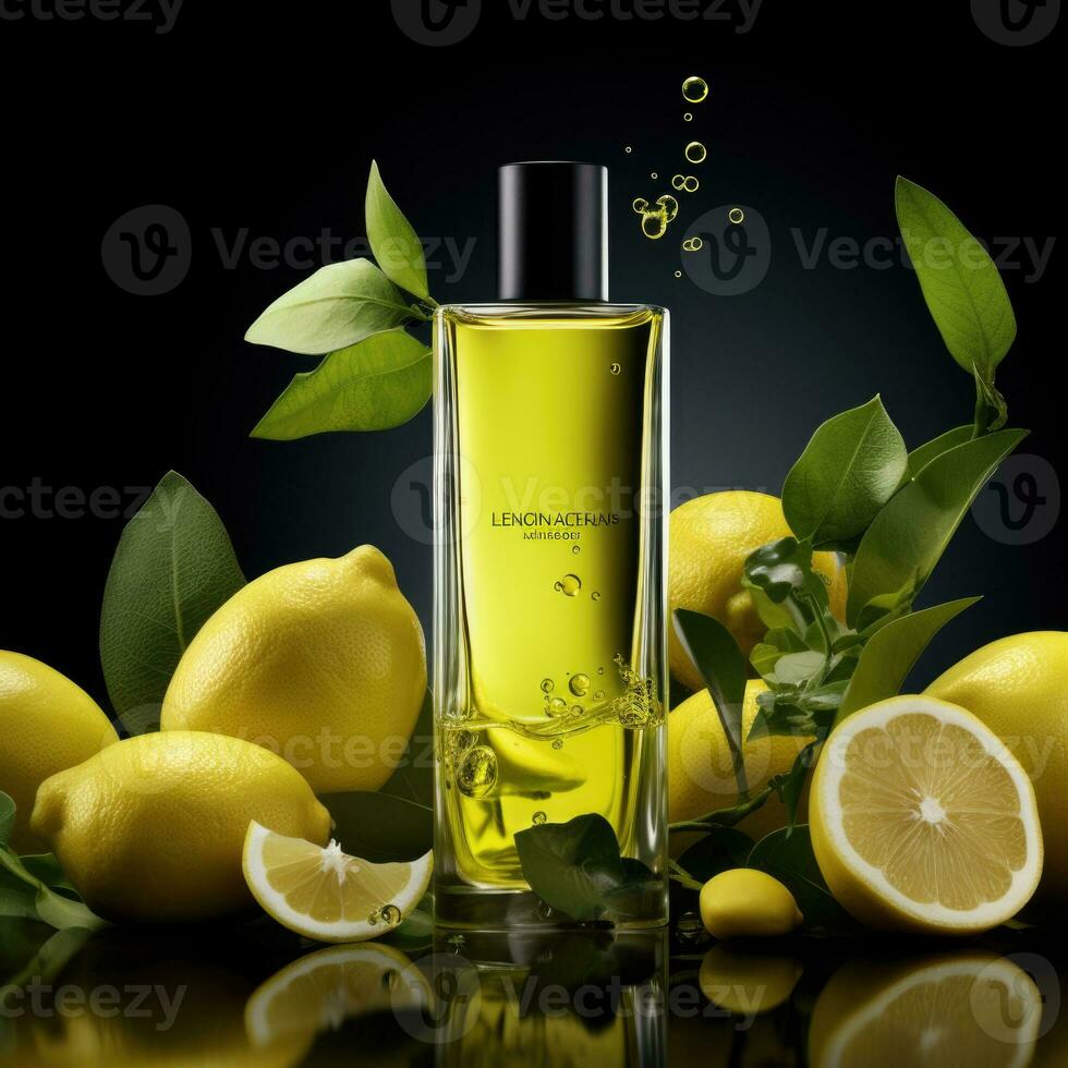 Lemon oil in a bottle with fresh lemons on a dark background. Lemon cologne concept. AI Generative photo