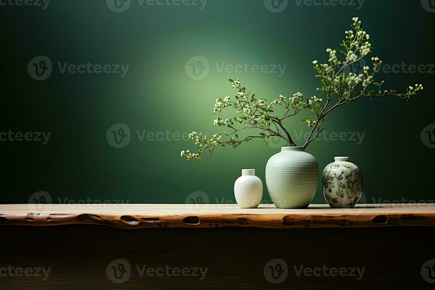 ceramic vase and vase on wooden table with green background. Copy space. AI Generative photo