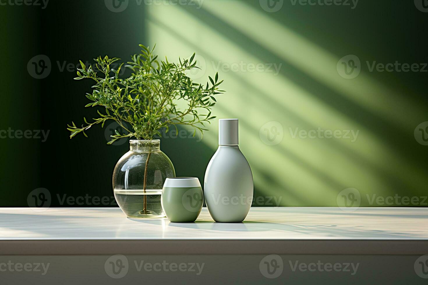 ceramic vase and vase on wooden table with green background. Copy space. AI Generative photo