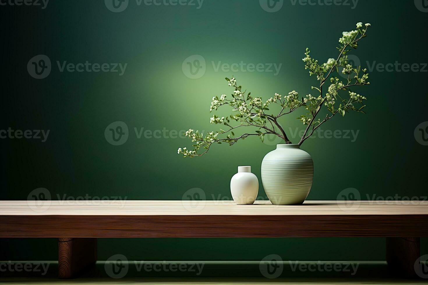 ceramic vase and vase on wooden table with green background. Copy space. AI Generative photo