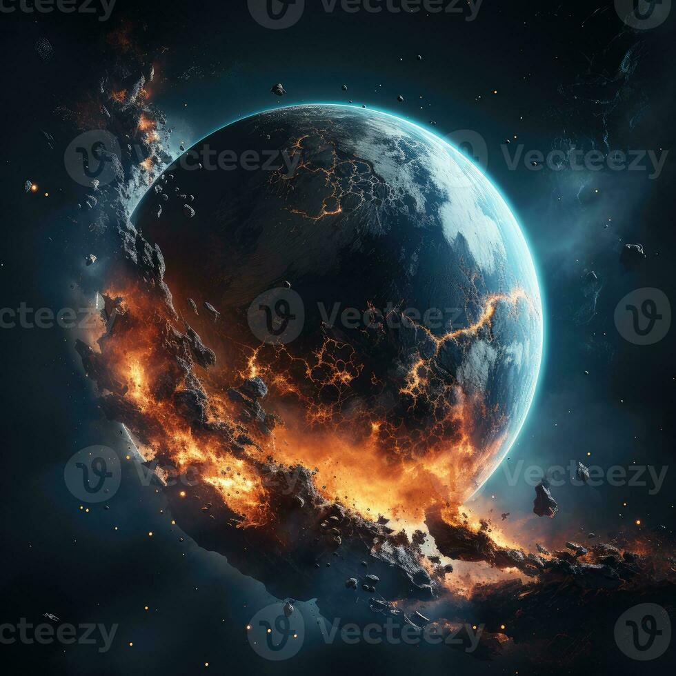 Planet Earth in space and explosions on it. Great fires around the world as a result of meteor strike. Elements of this image provided by NASA AI Generative photo