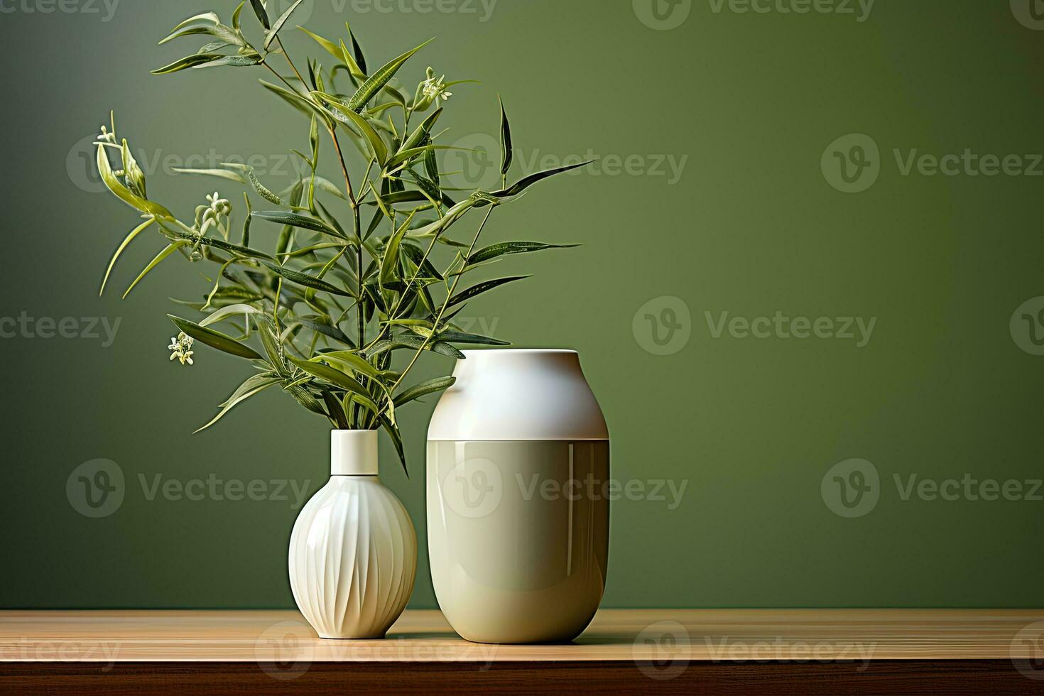 ceramic vase and vase on wooden table with green background. Copy space. AI Generative photo