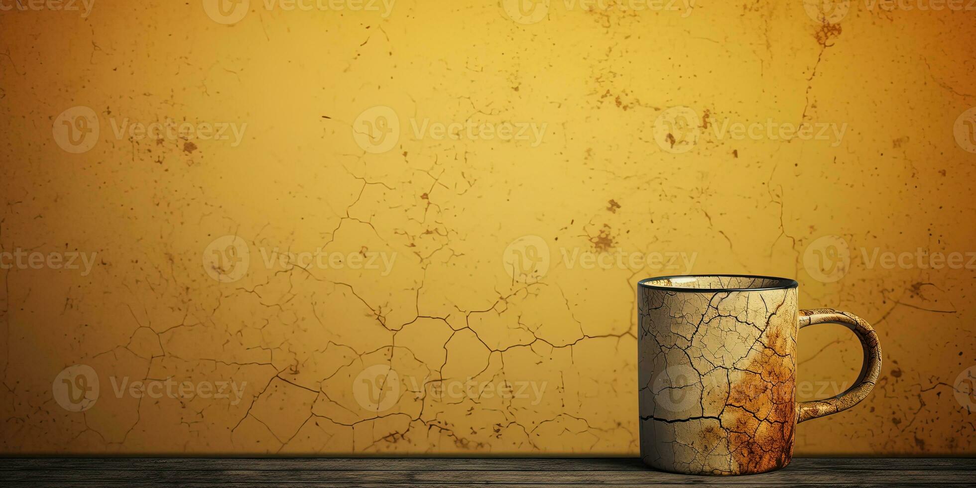 Cracked Coffee cup on wooden table and grunge yellow wall background. AI Generative photo