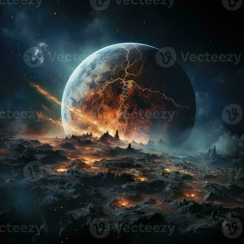 Planet Earth in space and explosions on it. Great fires around the world as a result of meteor strike. Elements of this image provided by NASA AI Generative photo