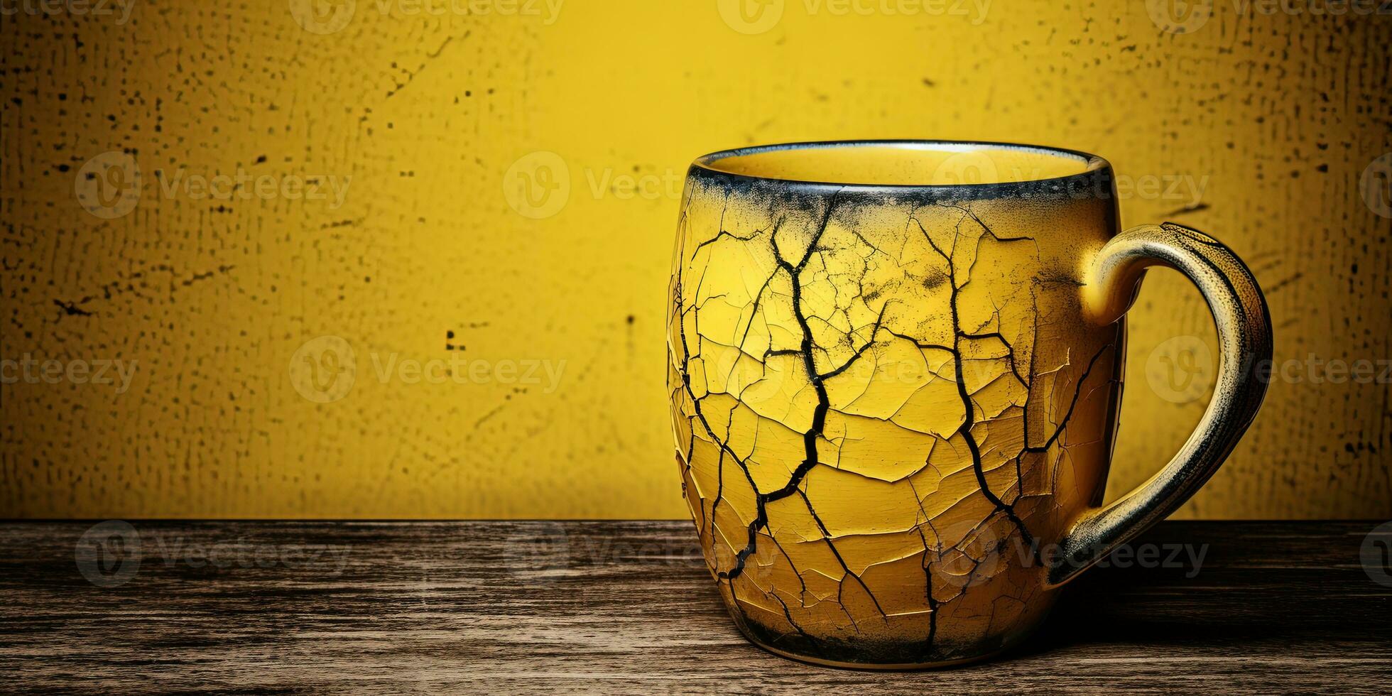 Cracked Coffee cup on wooden table and grunge yellow wall background. AI Generative photo