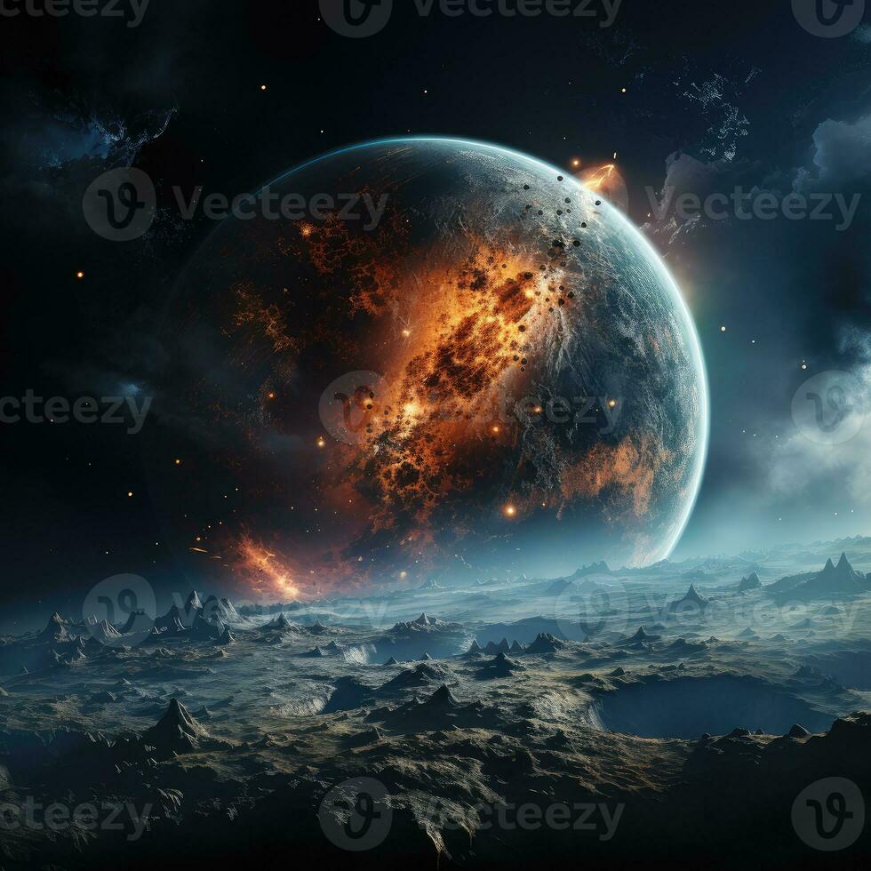 Planet Earth in space and explosions on it. Great fires around the world as a result of meteor strike. Elements of this image provided by NASA AI Generative photo